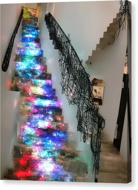 A decorated tree standing in a hallway with lights on it