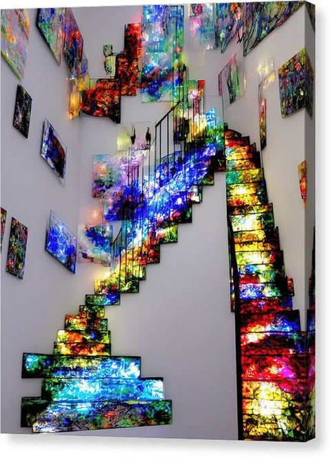 A stairway leading to a room covered in colorful artwork