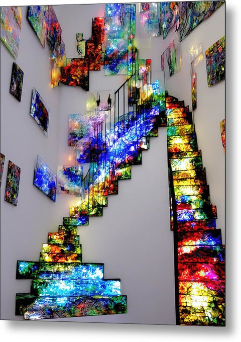 A very large stair case with several stairs in it that are covered with art