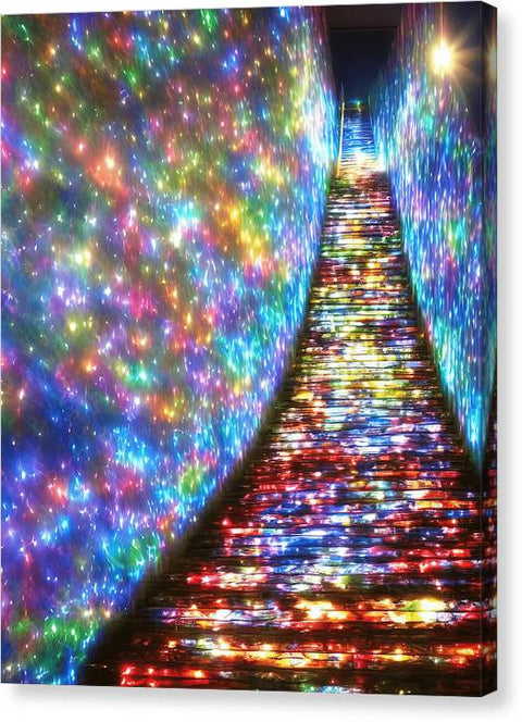 The pathway leads to a door with a rainbow painted on it with a flashlight