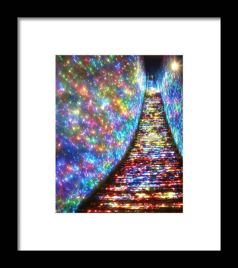 A hallway of light streams from a doorway filled with a variety of colors and art