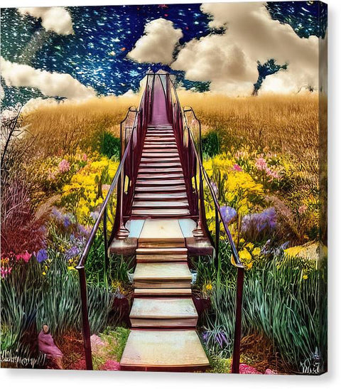 An art print decorated stairway with stairs and stairs above it