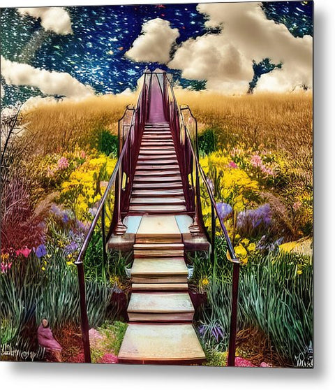 A long wooden stairway with a yellow stair case and the name Art prints