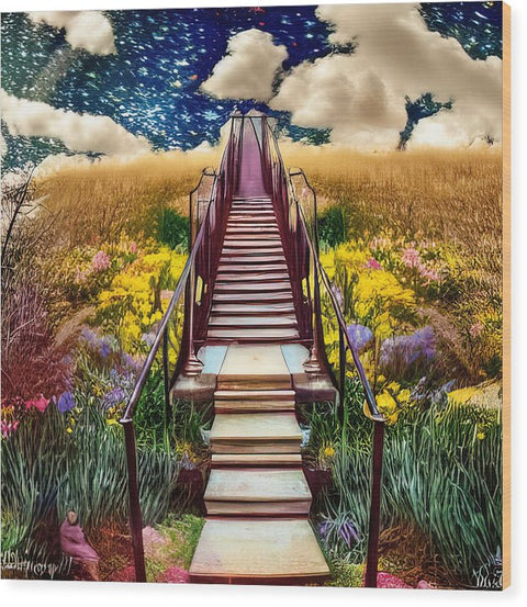 An art card with a stairway on top of it hanging on a wall