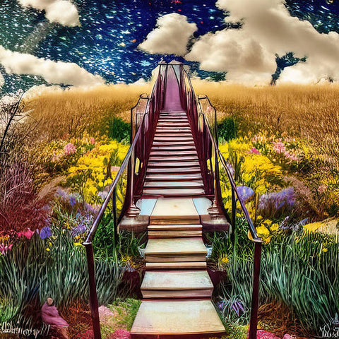 a view of stairway with stairs leading to a stairway filled with flowers in the