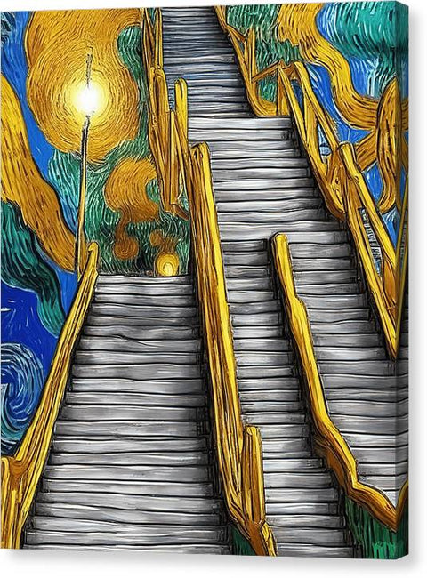 A woman painted the stairways of a very long building