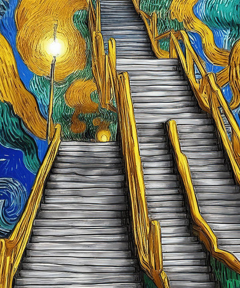 A painting of stairs on a wall next to a person climbing up