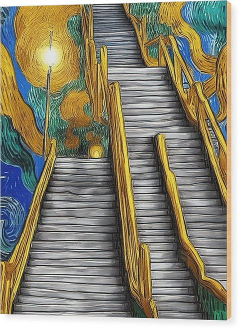 A painting of steps climbing up a stairway in a building