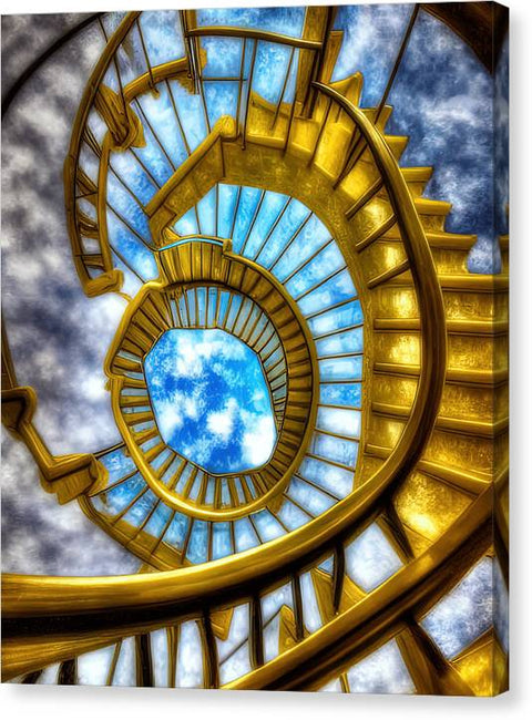 A stairway is looking over a stair case with a spiral stairway coming down to
