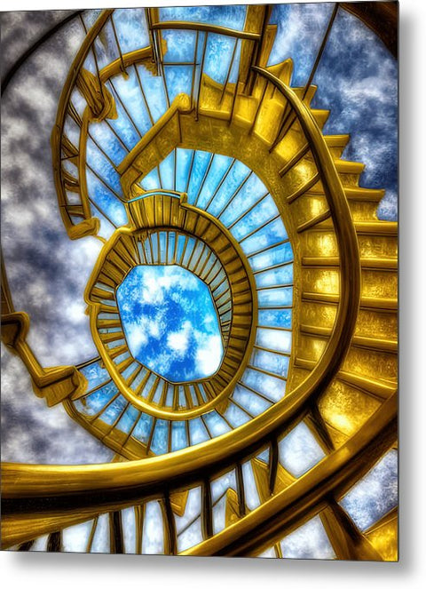 A stair to the top of a room with a picture of a spiral staircase