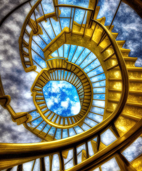 A large spiral staircase in a room looking up at the glass