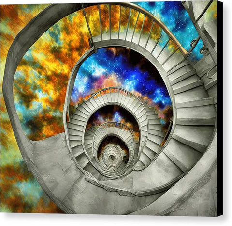 A staircase with art prints on it with spirals and blueThere are