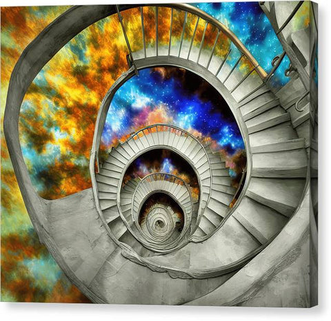 A staircase with art prints on it with spirals and blueThere are