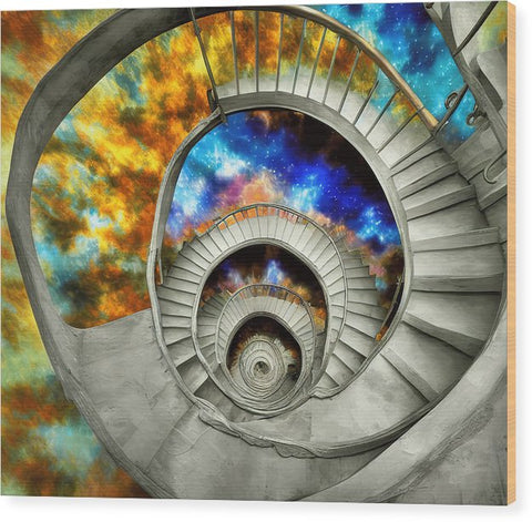 A staircase with a spiral in it topped with a door and a picture of a cat