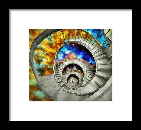 there is a large spiral staircase and there are many art prints surrounding it