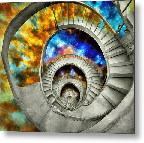 A staircase with a spiral colorful staircase in the sky