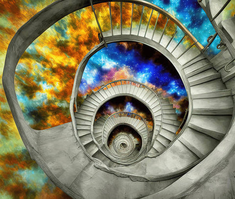 A stairway with a picture of a woman standing next to a spiral staircase
