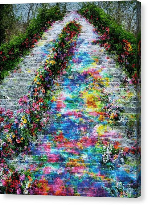 A colorful carpet covered with flowers on a cement walkway