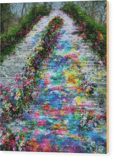 A rug and flower print tile walkway is painted and has an  art print and