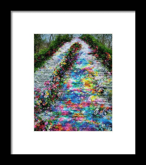 A colorful painting printed on a cobblestone path with a watercolor print