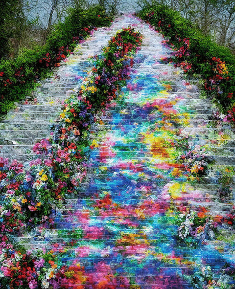 a colorful floral carpet with a picture of flowers in the background near some graffiti