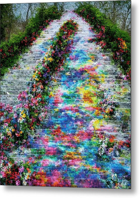 The colorful stone steps leading down a wooden path of flowers