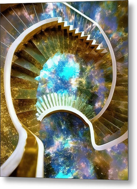 A spiral staircase is a picture of the outside and a man on it