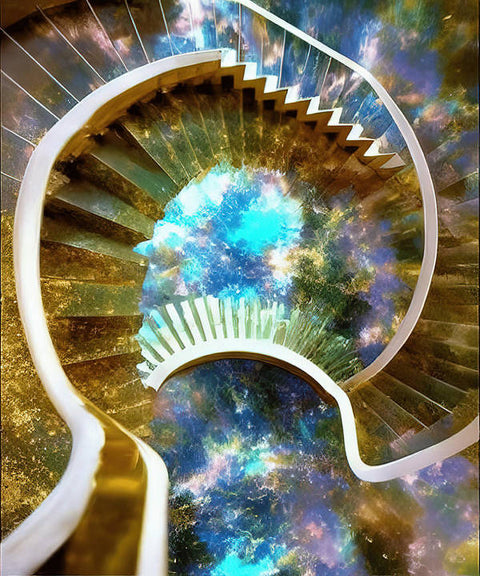 A boy standing at the bottom of a spiral stair case climbing into a dreamscape