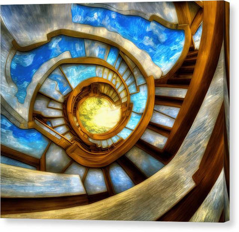 A walk up a spiral staircase with a picture of a house outside of a stairway