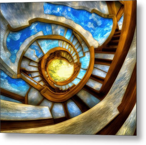 A spiral stairway with a door in it with a picture on the wall