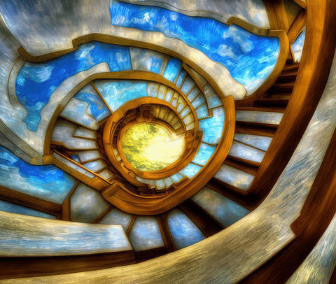 A beautiful staircase that has a spiral pathway and a wooden ceiling