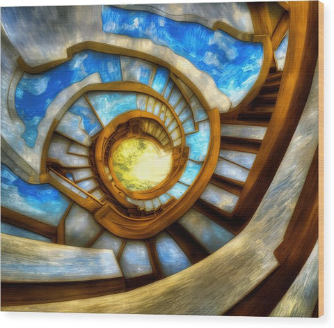 A painting on a floor mat that has a spiral stair case in it