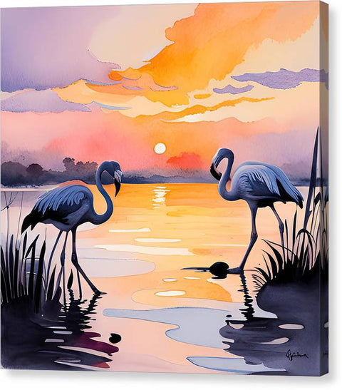 Sunset White Flamingo Bird Watercolor - Canvas Print