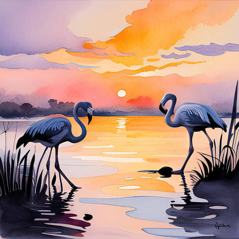 Sunset White Flamingo Bird Watercolor - Art Print