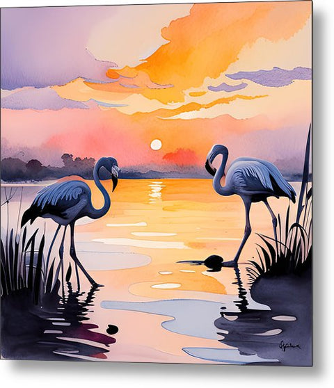 Sunset White Flamingo Bird Watercolor - Metal Print