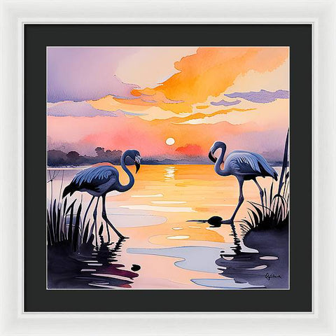 Sunset White Flamingo Bird Watercolor - Framed Print