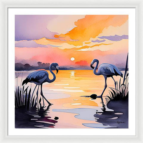 Sunset White Flamingo Bird Watercolor - Framed Print