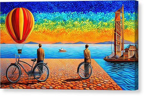 Surrealist Vibrant Colorful Creative Coastal Art with Hot Air Balloon Fantasy - Canvas Print