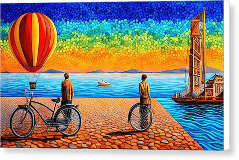 Surrealist Vibrant Colorful Creative Coastal Art with Hot Air Balloon Fantasy - Canvas Print
