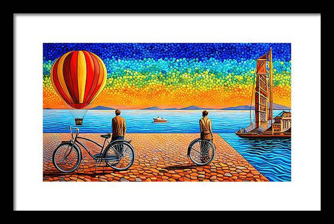 Surrealist Vibrant Colorful Creative Coastal Art with Hot Air Balloon Fantasy - Framed Print