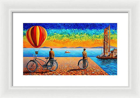 Surrealist Vibrant Colorful Creative Coastal Art with Hot Air Balloon Fantasy - Framed Print