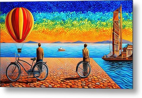 Surrealist Vibrant Colorful Creative Coastal Art with Hot Air Balloon Fantasy - Metal Print