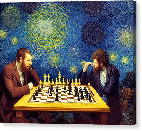 Two men with mouse pad on a table holding chess.
