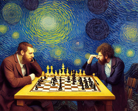 Two men looking at chess with different poses on a table.