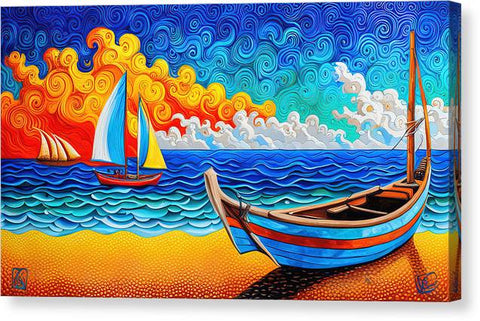 Vibrant Abstract Beach Painting with Sailboats - Canvas Print