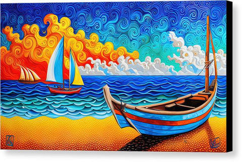 Vibrant Abstract Beach Painting with Sailboats - Canvas Print