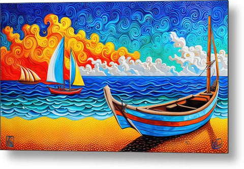 Vibrant Abstract Beach Painting with Sailboats - Metal Print