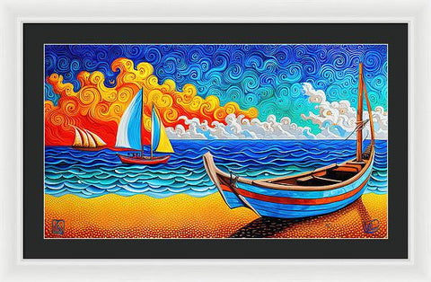 Vibrant Abstract Beach Painting with Sailboats - Framed Print