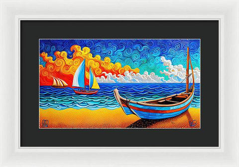 Vibrant Abstract Beach Painting with Sailboats - Framed Print