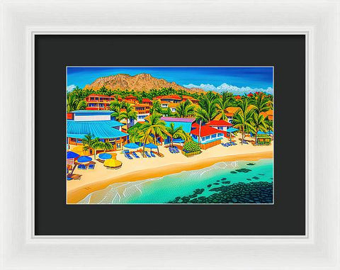 Vibrant Beachfront Hotel Beach Painting - Framed Print
